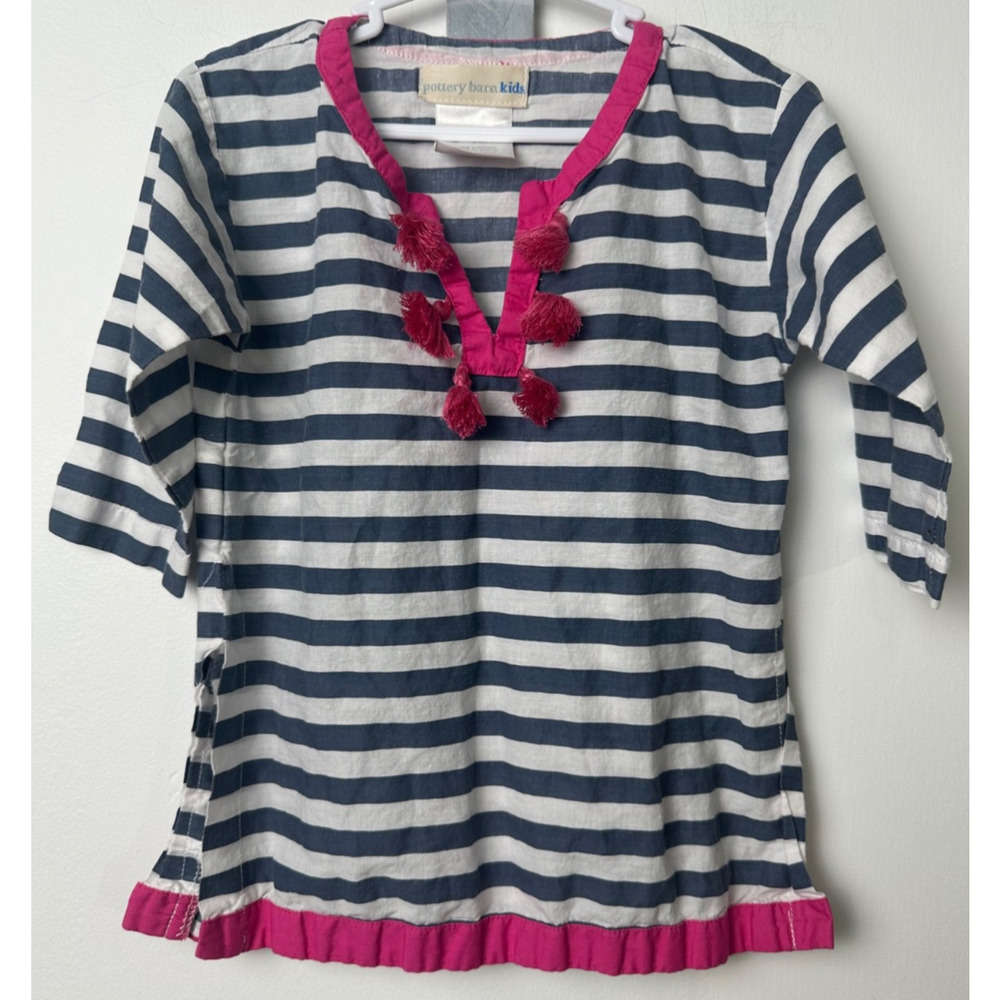 Pottery Barn Kids Girl’s Size 6-12M Swim Suit Coverup Striped Tassels Baby D61